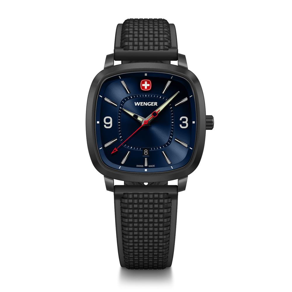 Wenger watch with blue dial and black strap, square shape, Swiss made