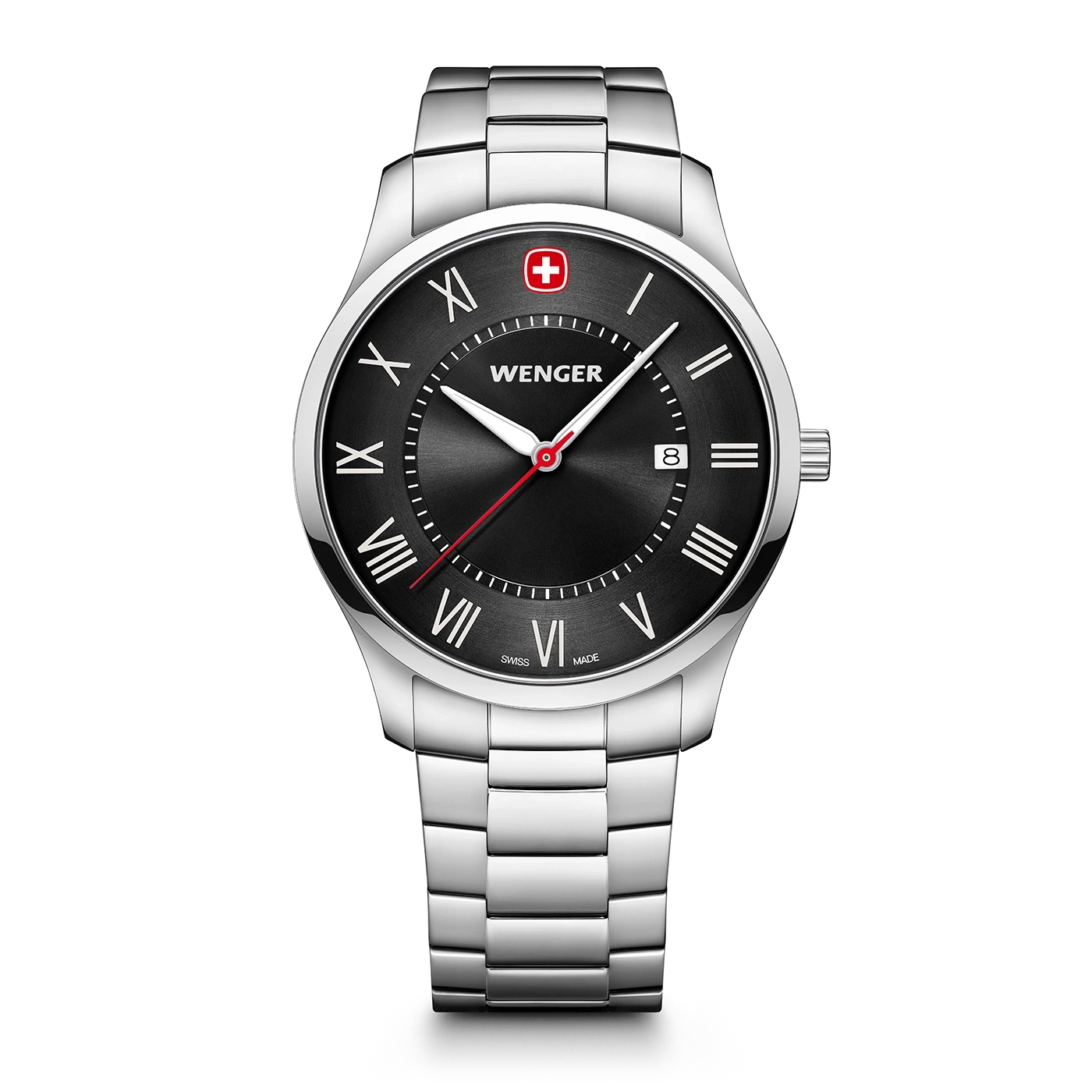Wenger watch with black dial, Roman numerals, and silver bracelet on black background