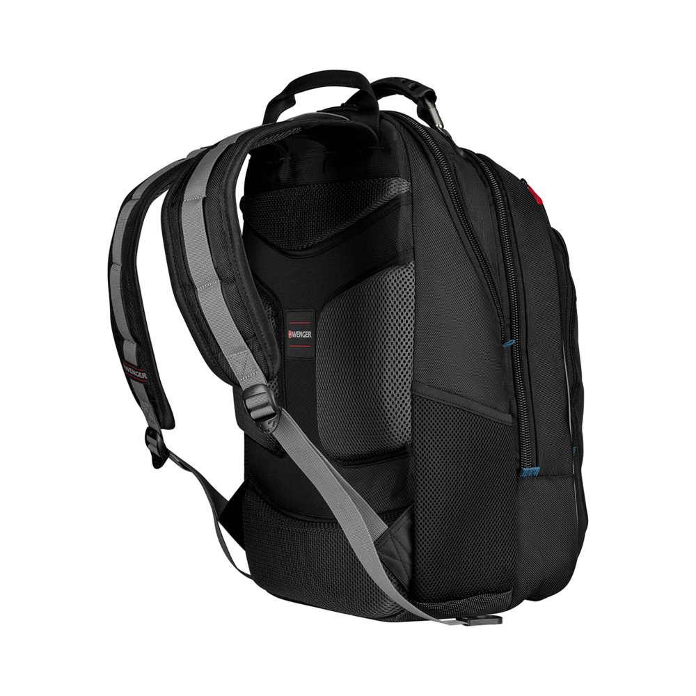 Black backpack with gray details and the Wenger logo on a black background.