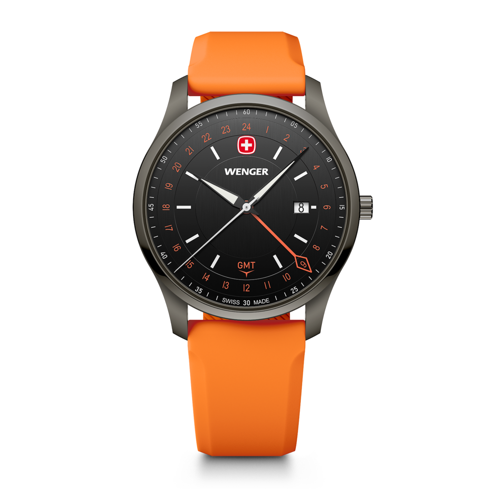Wenger men's watch with black dial and orange strap