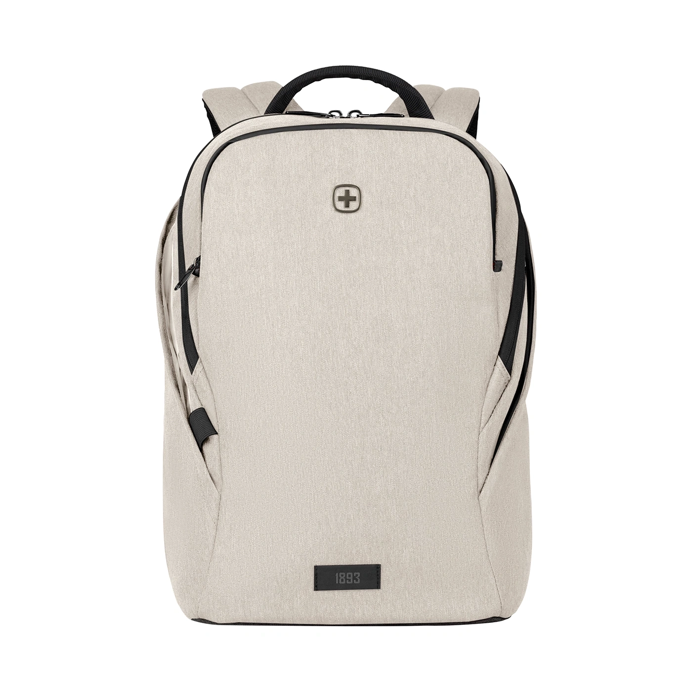 Beige backpack with black zipper and logo isolated on white background, modern design.