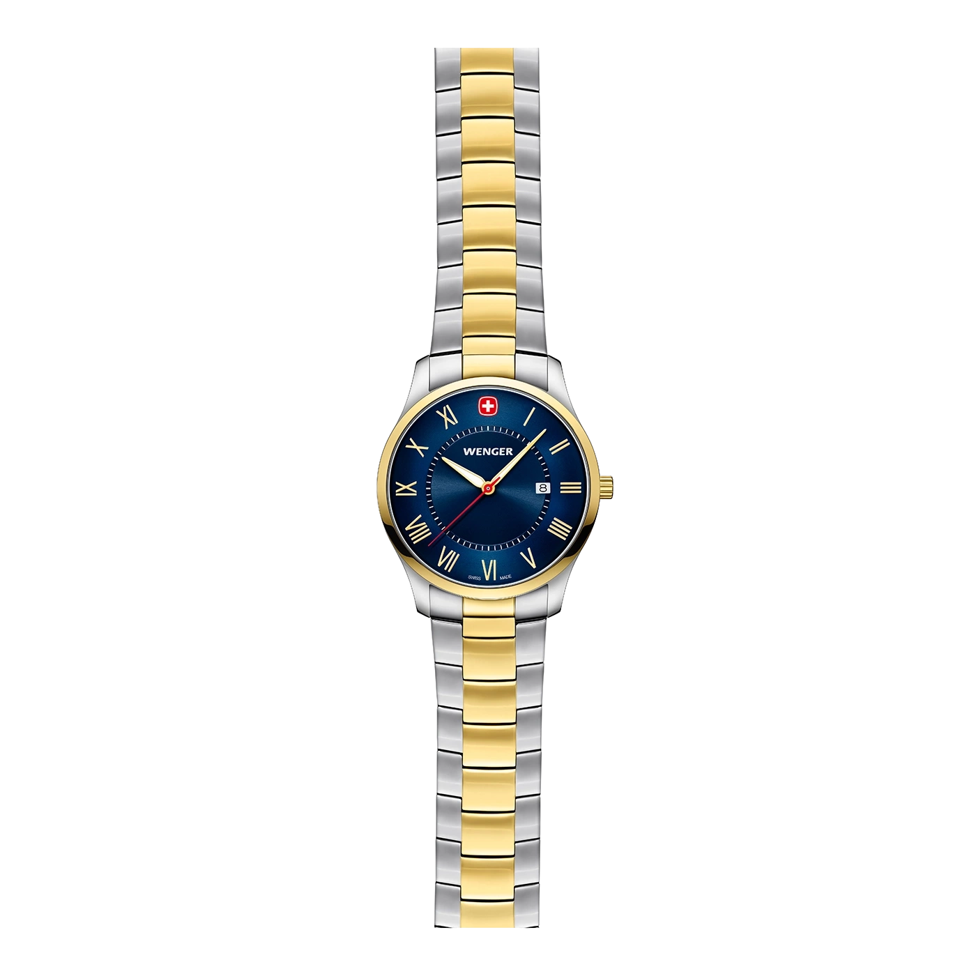 Wenger watch with blue dial and gold and silver bracelet