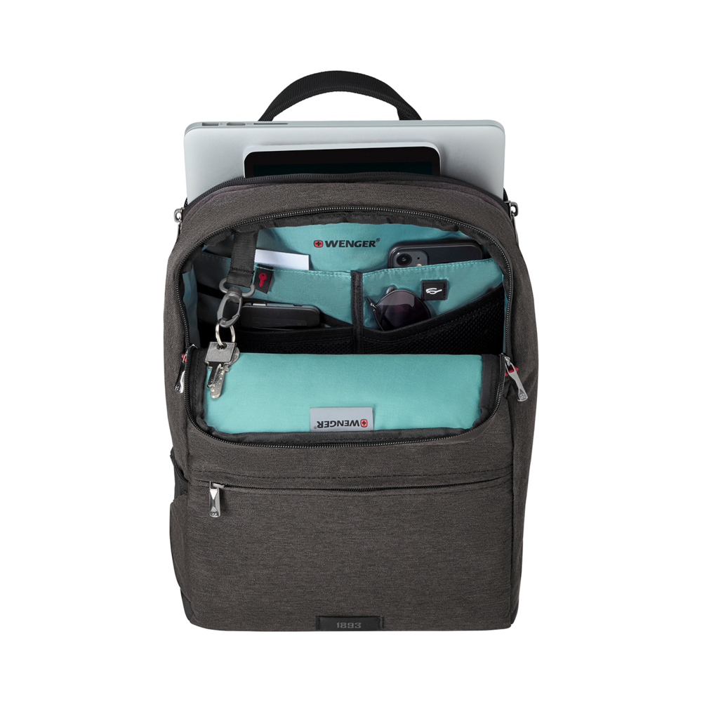 Wenger backpack with laptop, sunglasses, phone, and keys inside