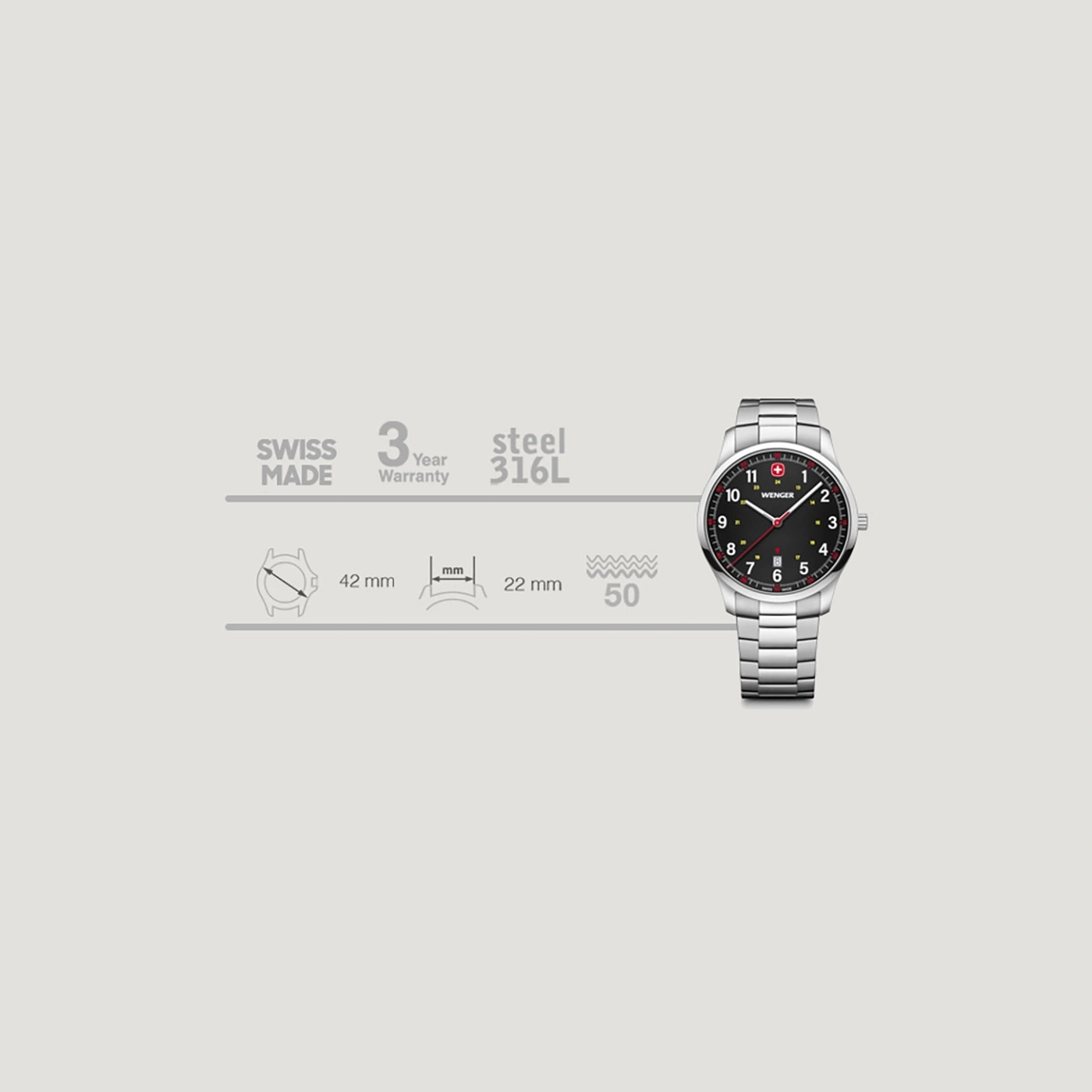 Swiss watch with black dial, steel bracelet, and 3-year warranty.