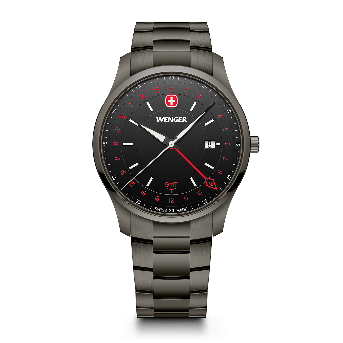 A dark grey Wenger wristwatch with a black dial and GMT display.