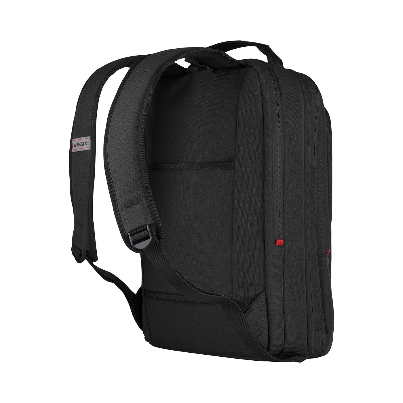 Black Wenger backpack, side view, shoulder straps, zipper, logo, detail shot