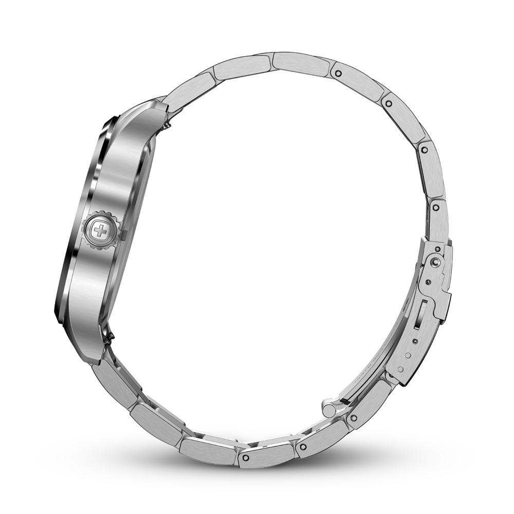 Stainless steel wristwatch on black background, side view, Swiss cross logo