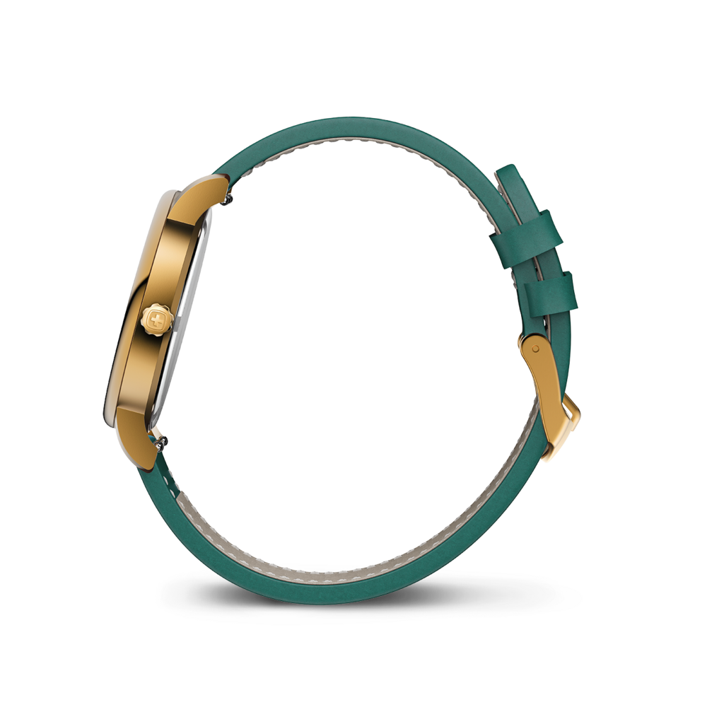 A gold watch with a green leather strap.