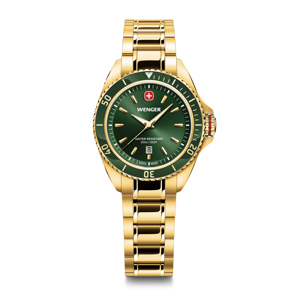 Gold Wenger watch with green dial and date display
