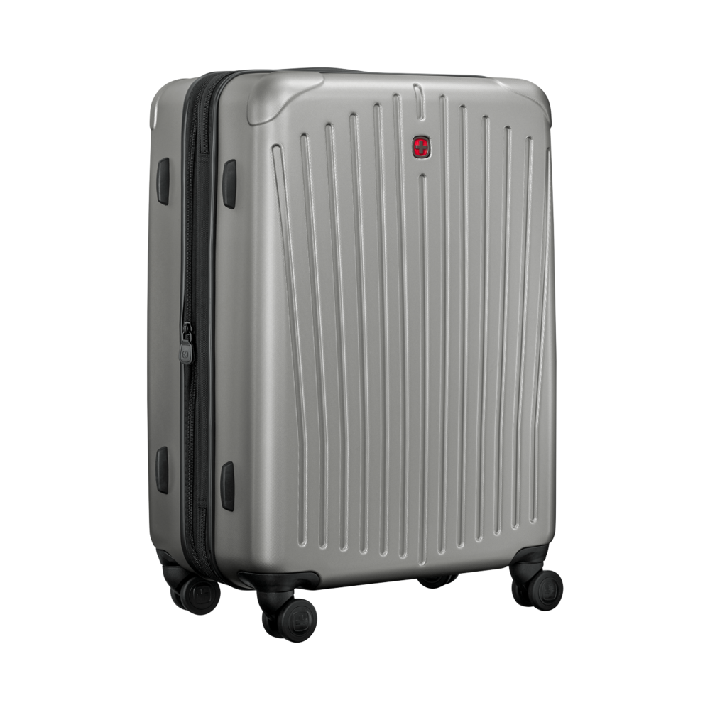 Silver suitcase with vertical lines and wheels, isolated on white background