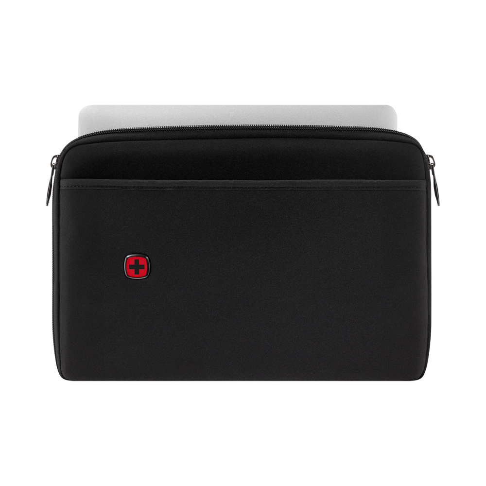 Black laptop sleeve with zipper and red logo, laptop inside, close-up shot.
