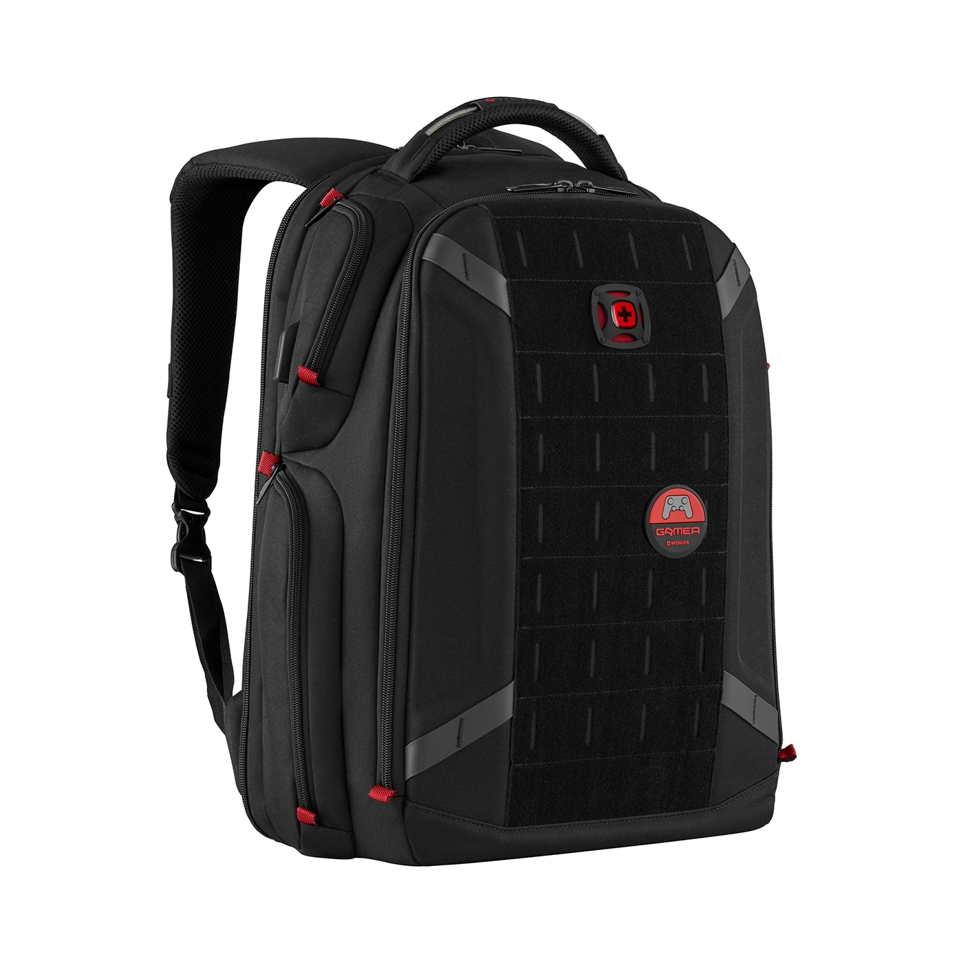 Black backpack with red accents and gamer logo on a black background.