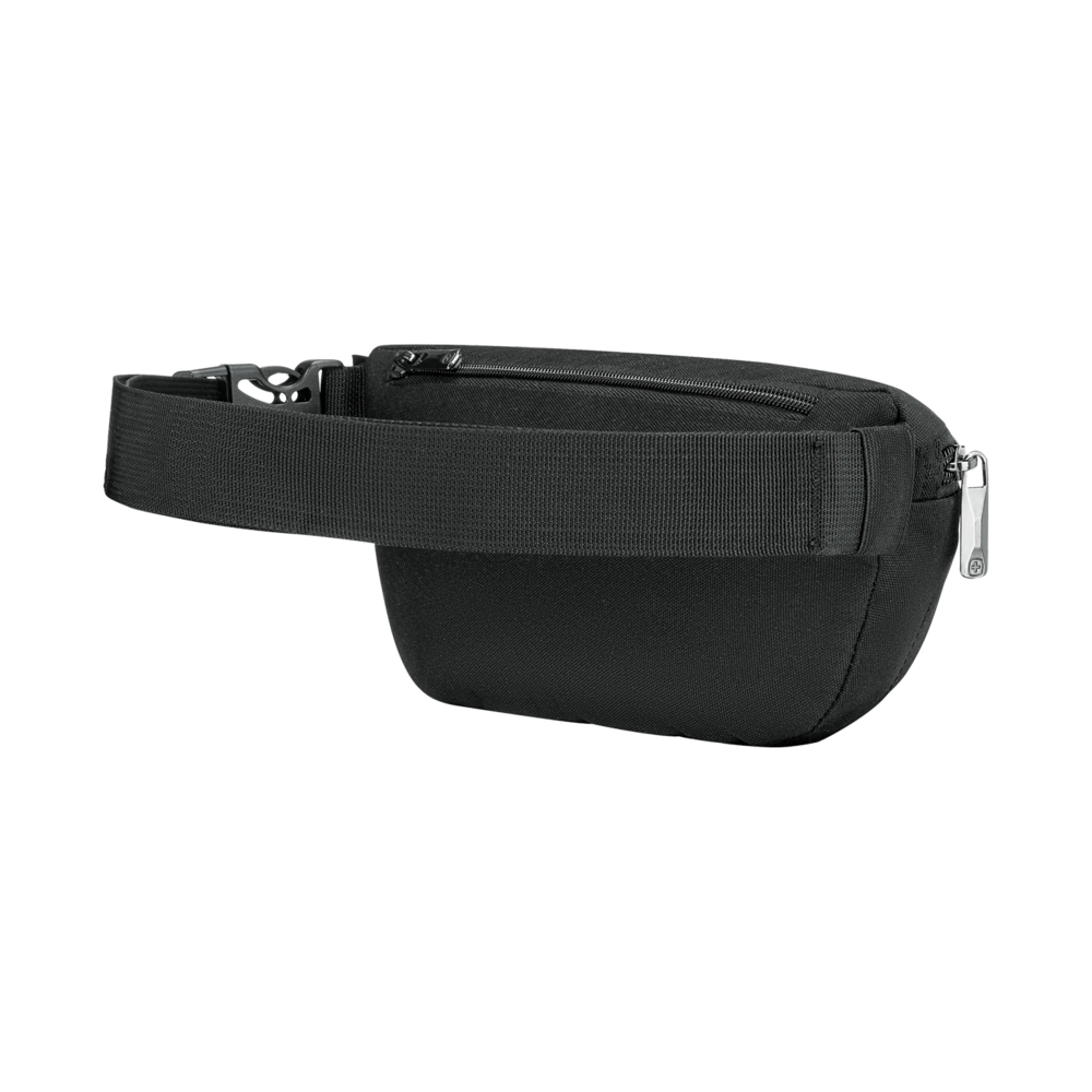 Black fanny pack with zipper and adjustable strap, close-up shot of the bag