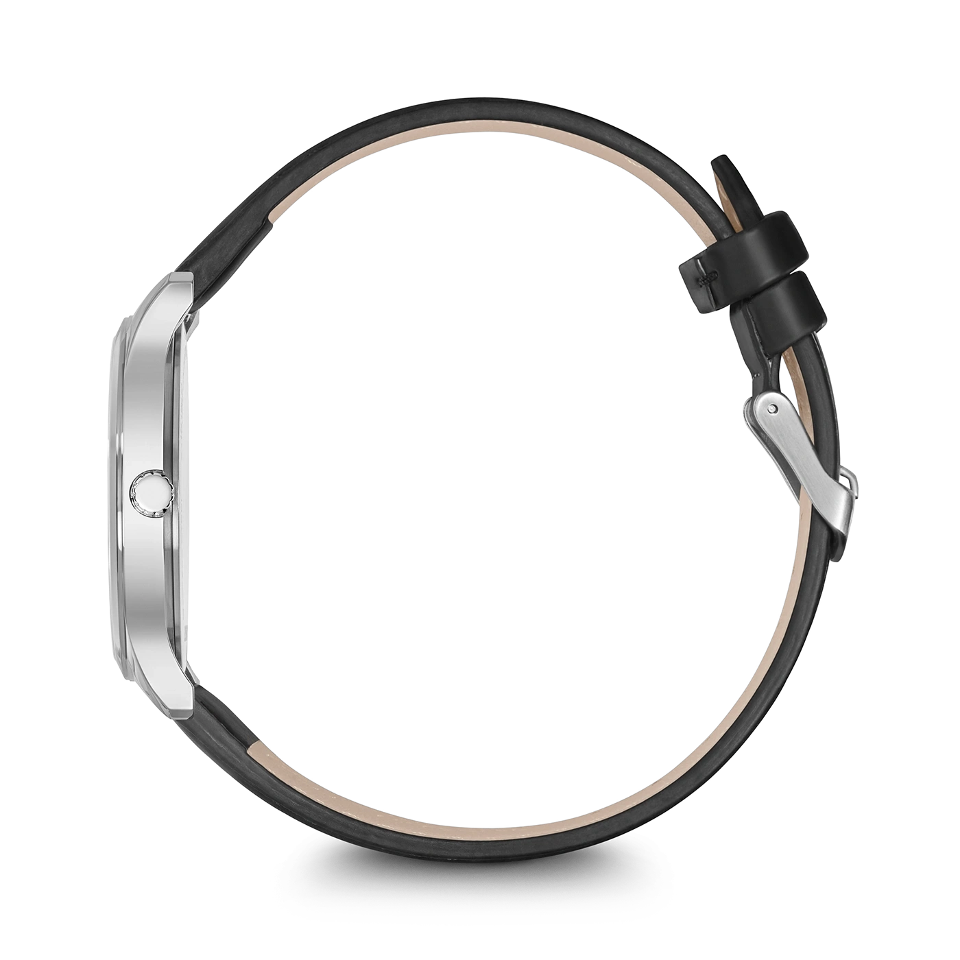 Side view of a silver watch with a black leather strap on a black background.