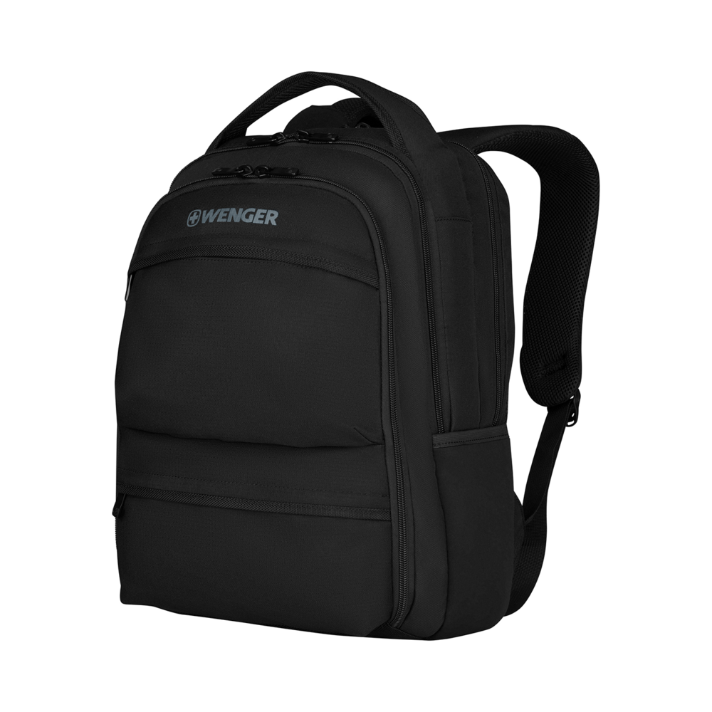 Black Wenger backpack with handle and shoulder straps on a black background