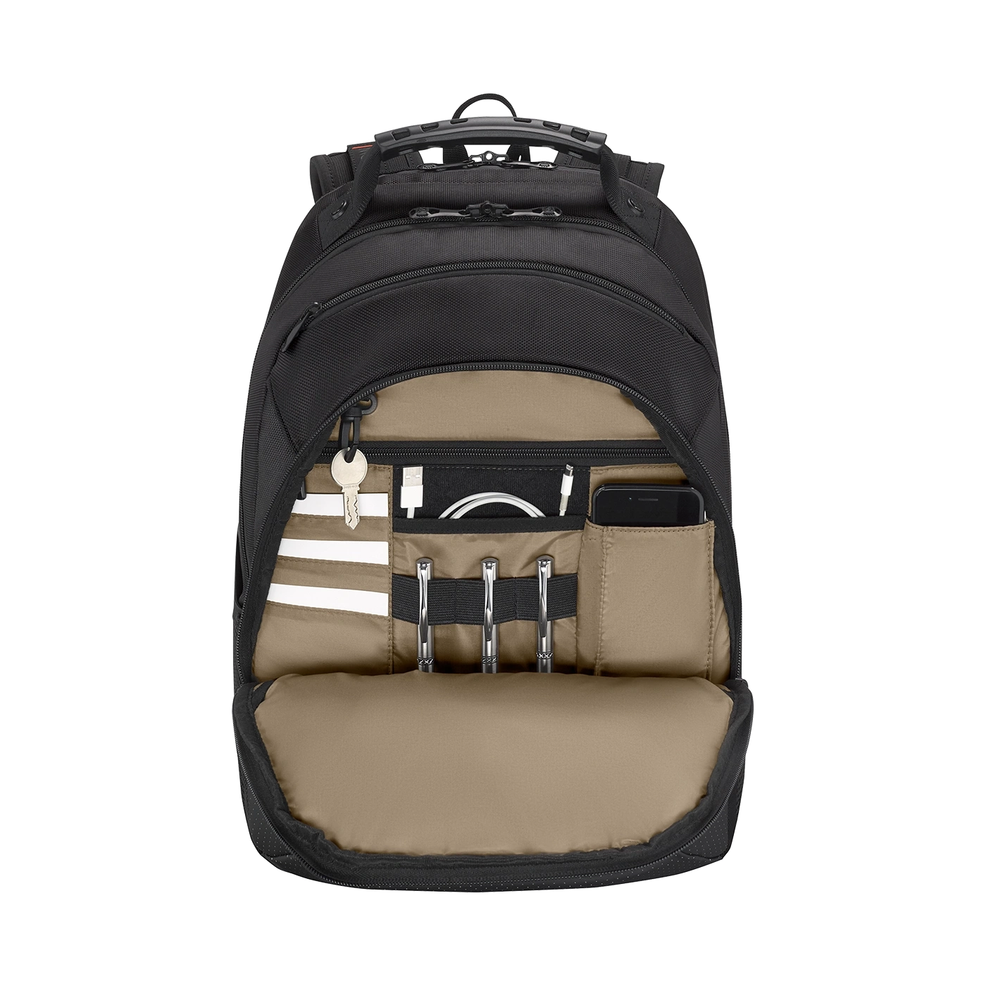 Schwarzer Rucksack mit geöffneten Fächern, Stiften, Handy und Schlüssel