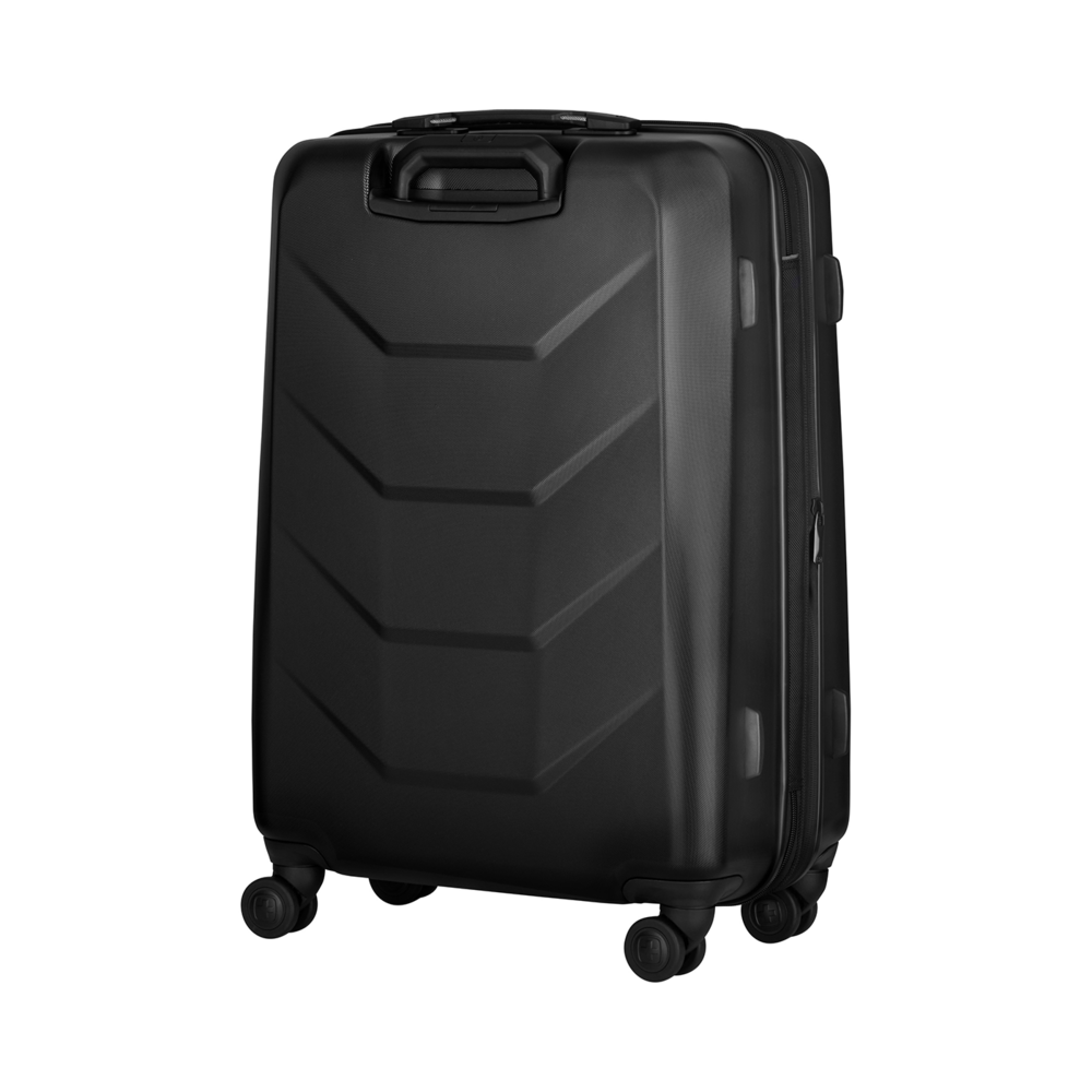 Black suitcase with wheels, handle, and zipper on a black background