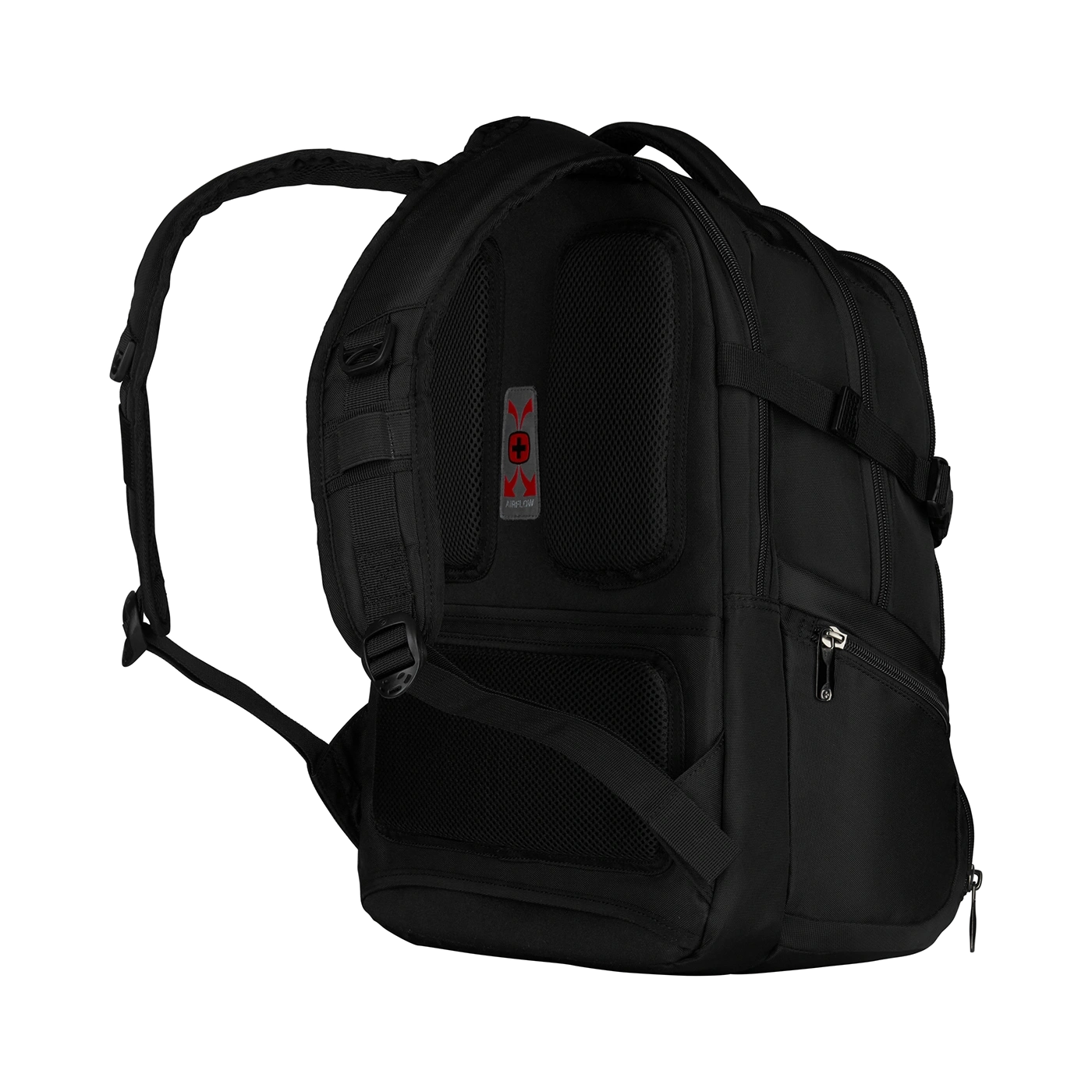 Black backpack with airflow system and zippers, perfect for travel and everyday use.