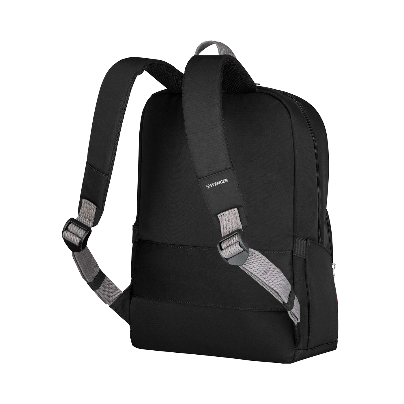 Black backpack with gray straps and the Wenger logo on a black background.