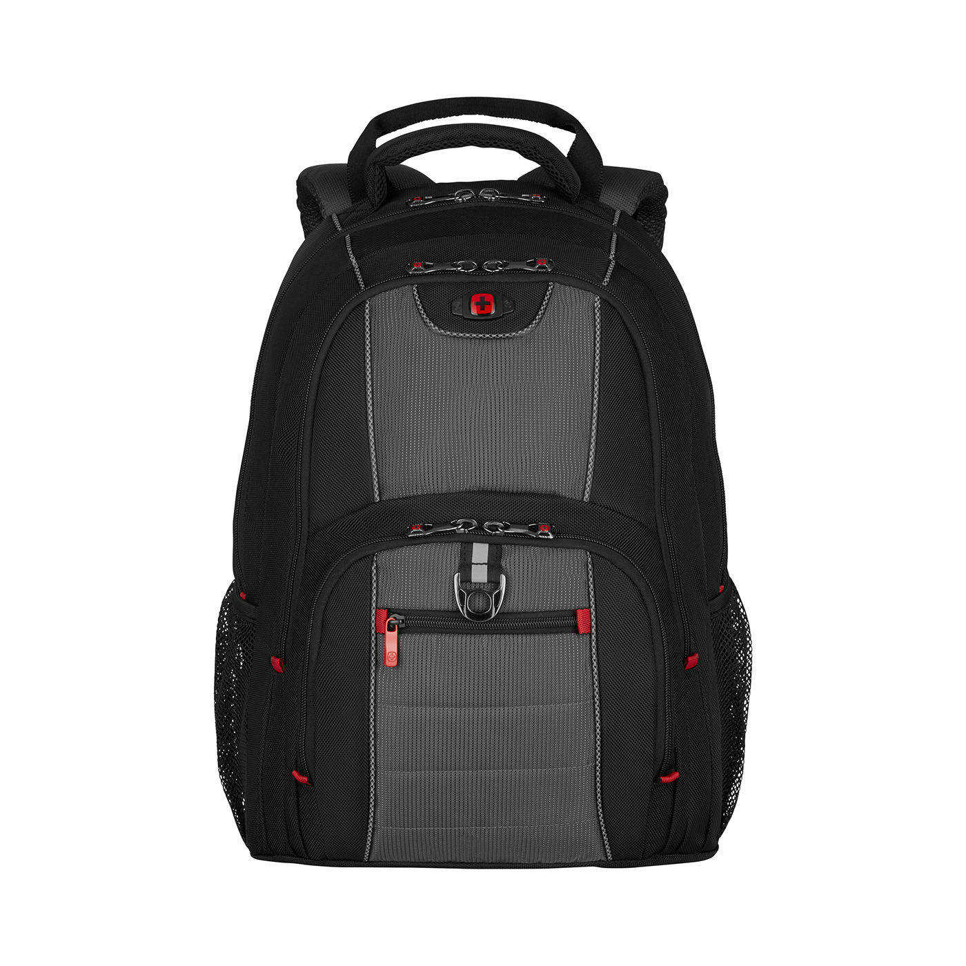 Black backpack with red accents and gray center section, set against a black background.