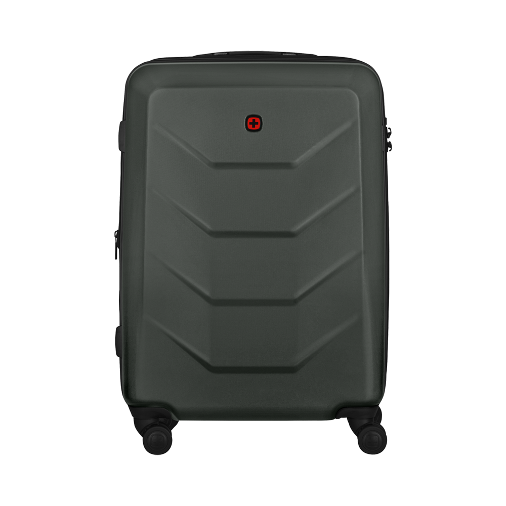 Dark green suitcase with red cross logo, wheels, and zipper closure.