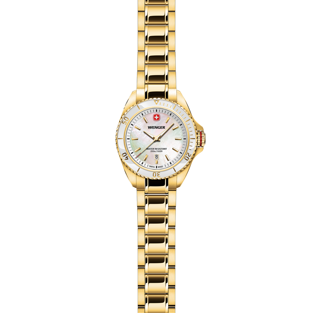 Gold Wenger wristwatch with mother-of-pearl dial and date window