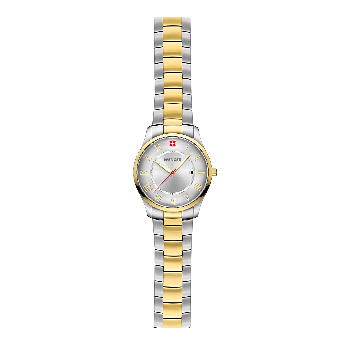 Wenger watch, silver dial, gold bracelet, Roman numerals, Swiss watch, elegant design