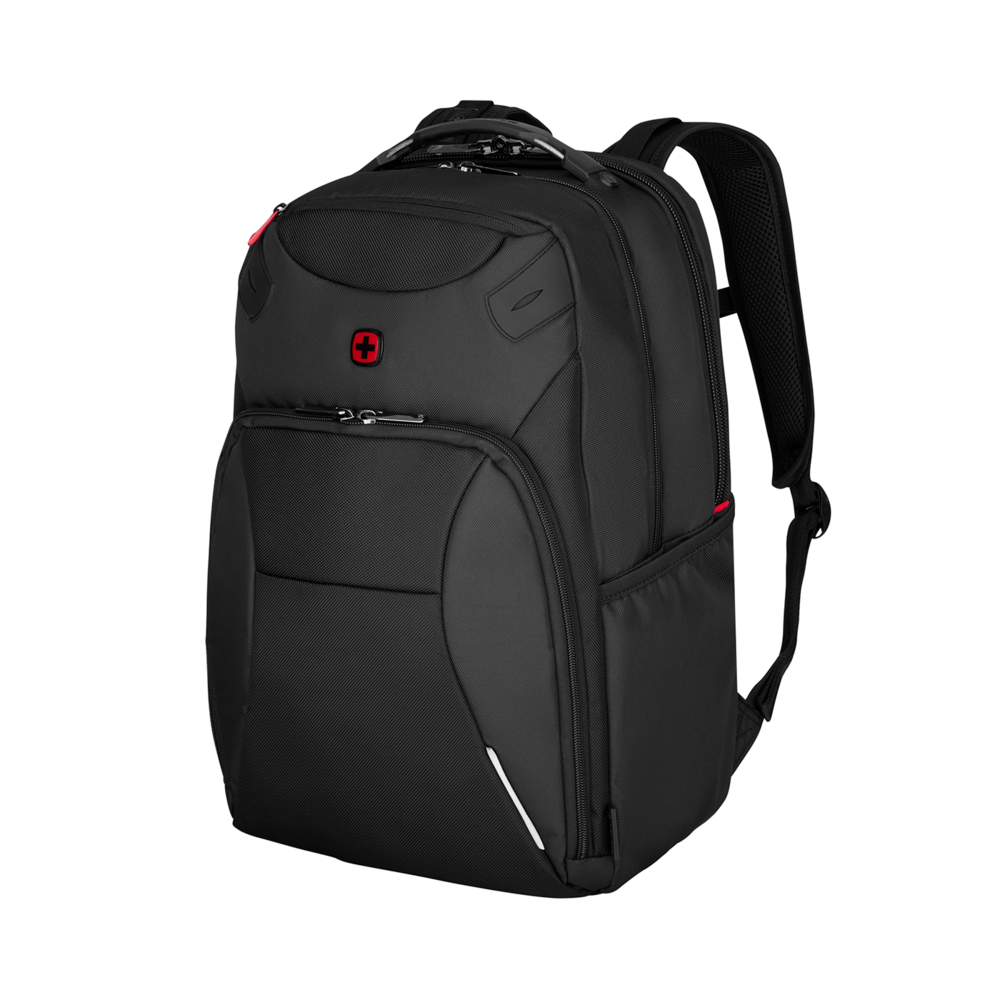 Black backpack with red accents and a Swiss cross logo on the front