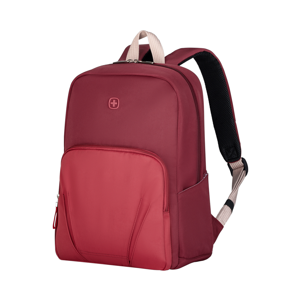 Red backpack with zipper and logo on a black background, isolated