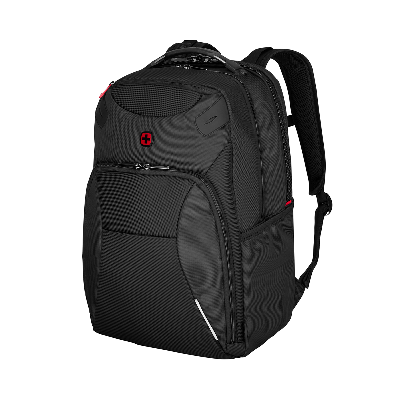 Black backpack with red accents and a Swiss cross logo on the front