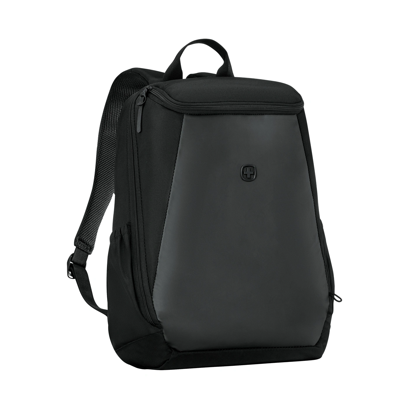 Un sac à dos noir sur fond blanc.