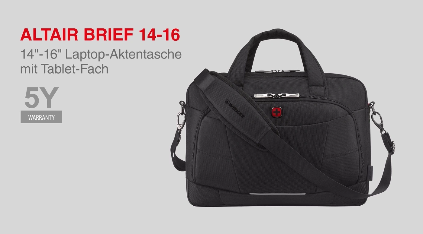Schwarze Laptoptasche mit Schultergurt, 5 Jahre Garantie, Marke Wenger, Modell Altair Brief 14-16