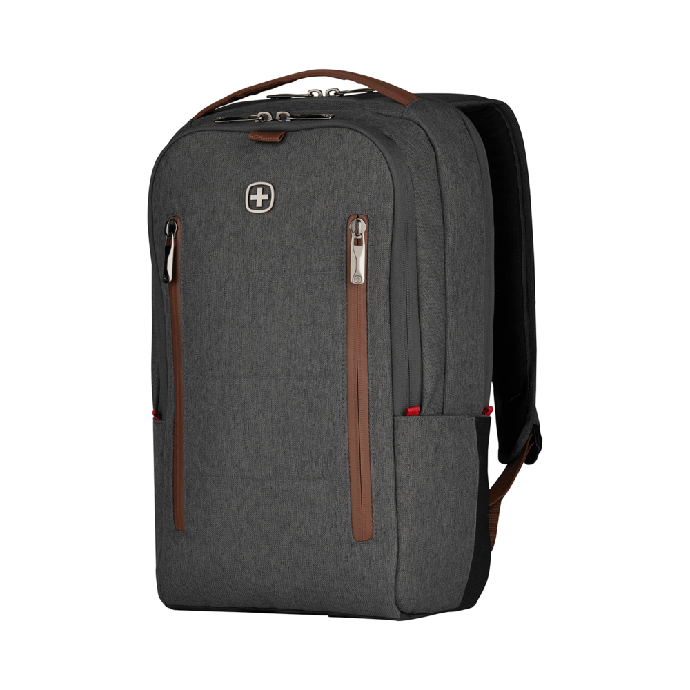 Gray backpack with brown accents and a Swiss cross logo