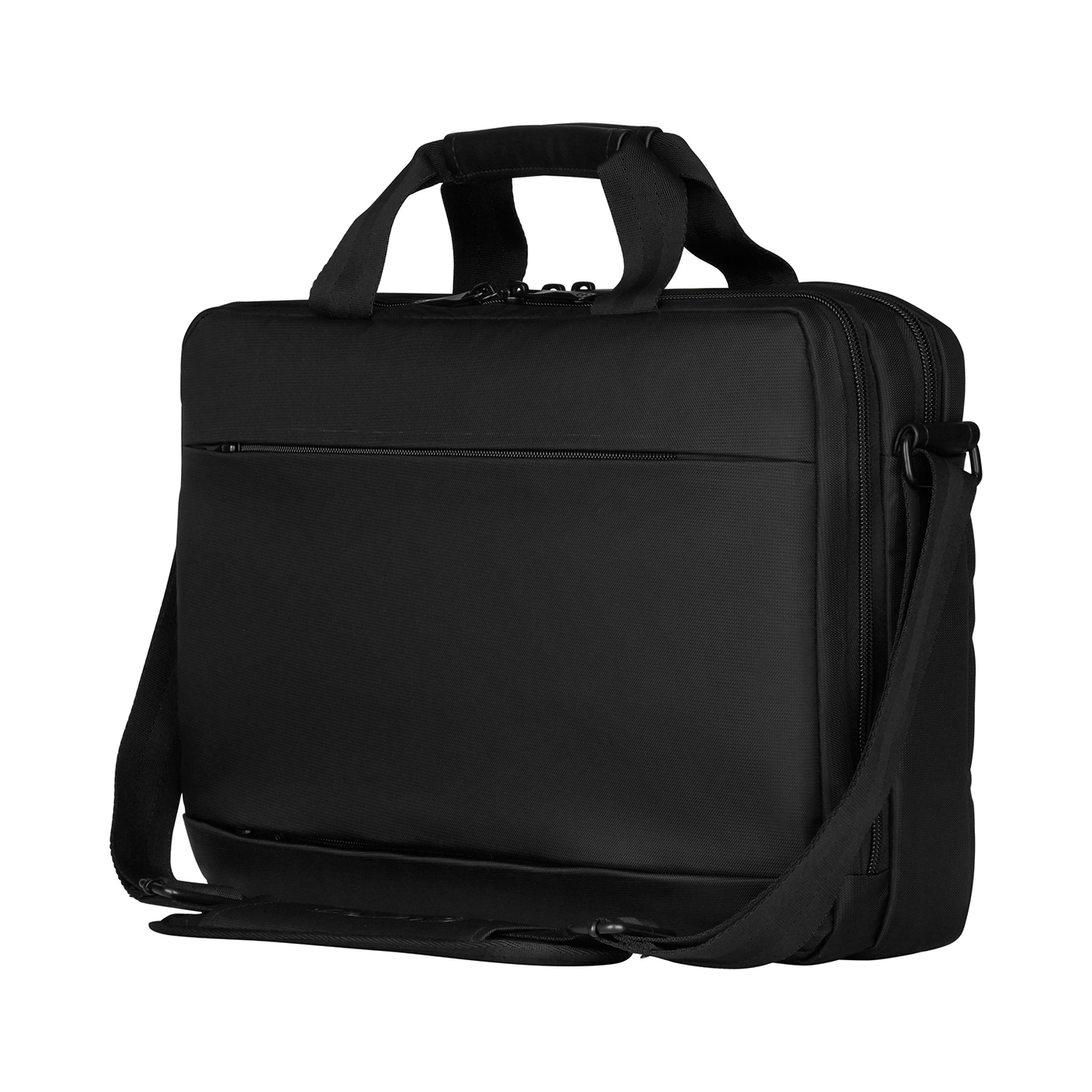 Black briefcase with handles and shoulder strap, isolated on black background