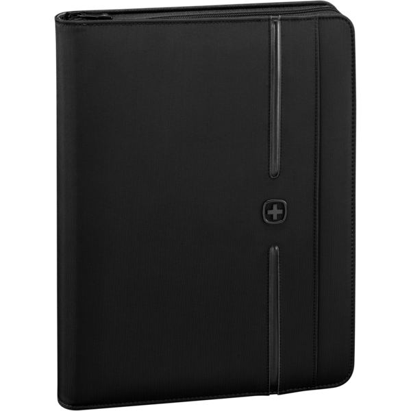 Black zippered portfolio with logo, close-up shot, business accessory