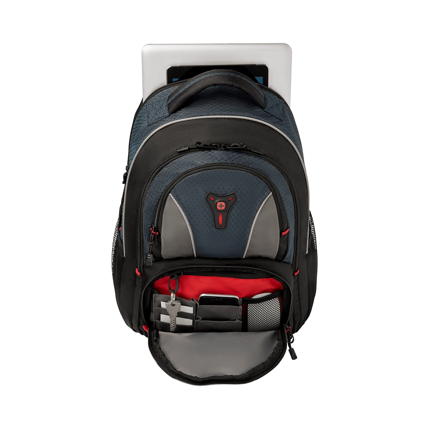 Blue backpack with tablet and open pockets, keys and phone visible