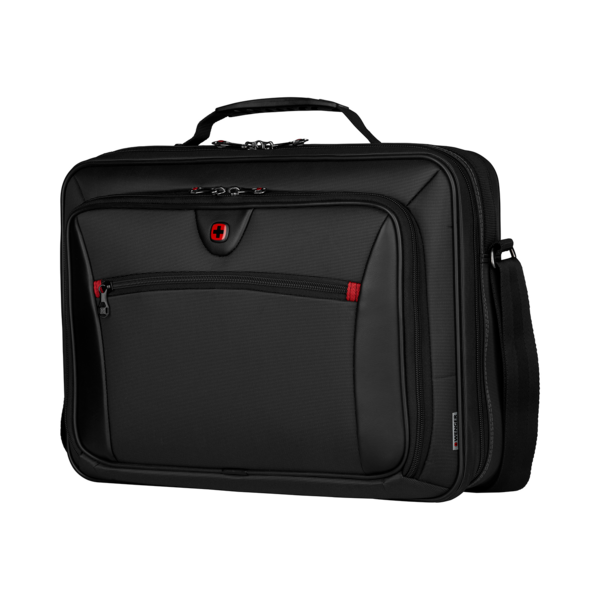 Black briefcase with red accent and shoulder strap, Wenger brand