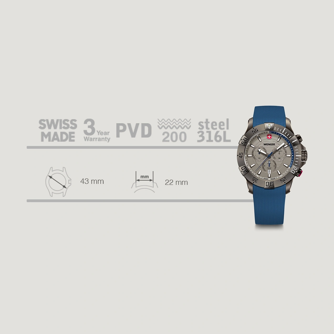 Wenger Uhr, Swiss Made, 43mm Gehäuse, PVD, 200m wasserdicht, Stahl, blaue Armband