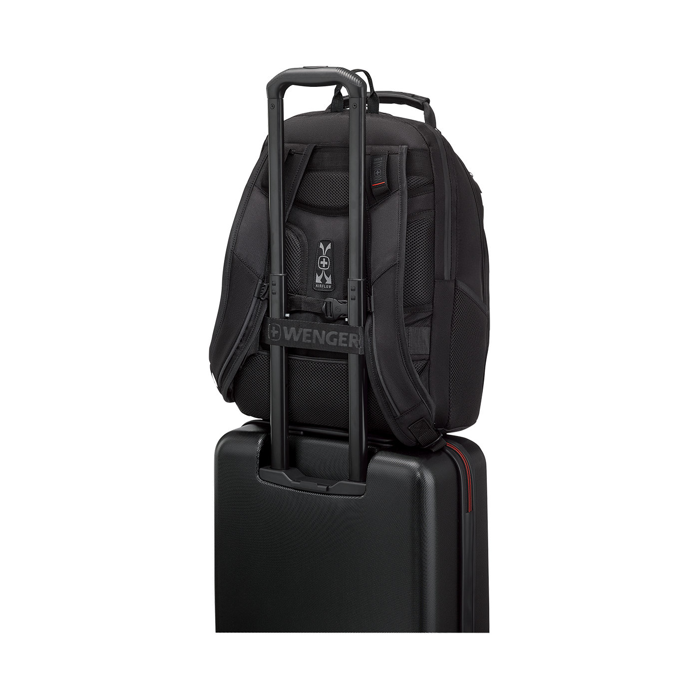 Black backpack on black suitcase with handle, Wenger logo, travel luggage.