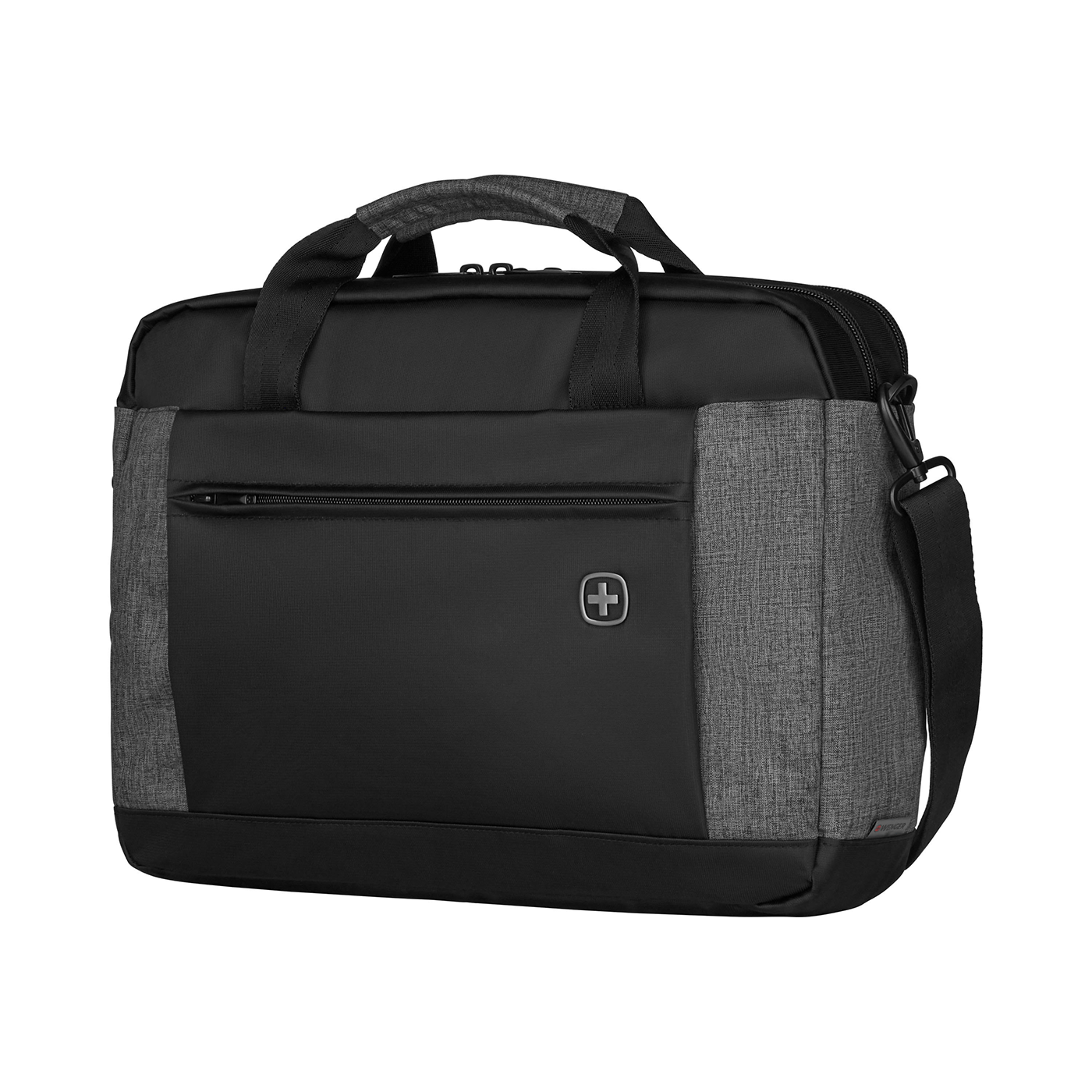 Black briefcase with gray fabric and logo, shoulder bag, handle, zipper, business bag