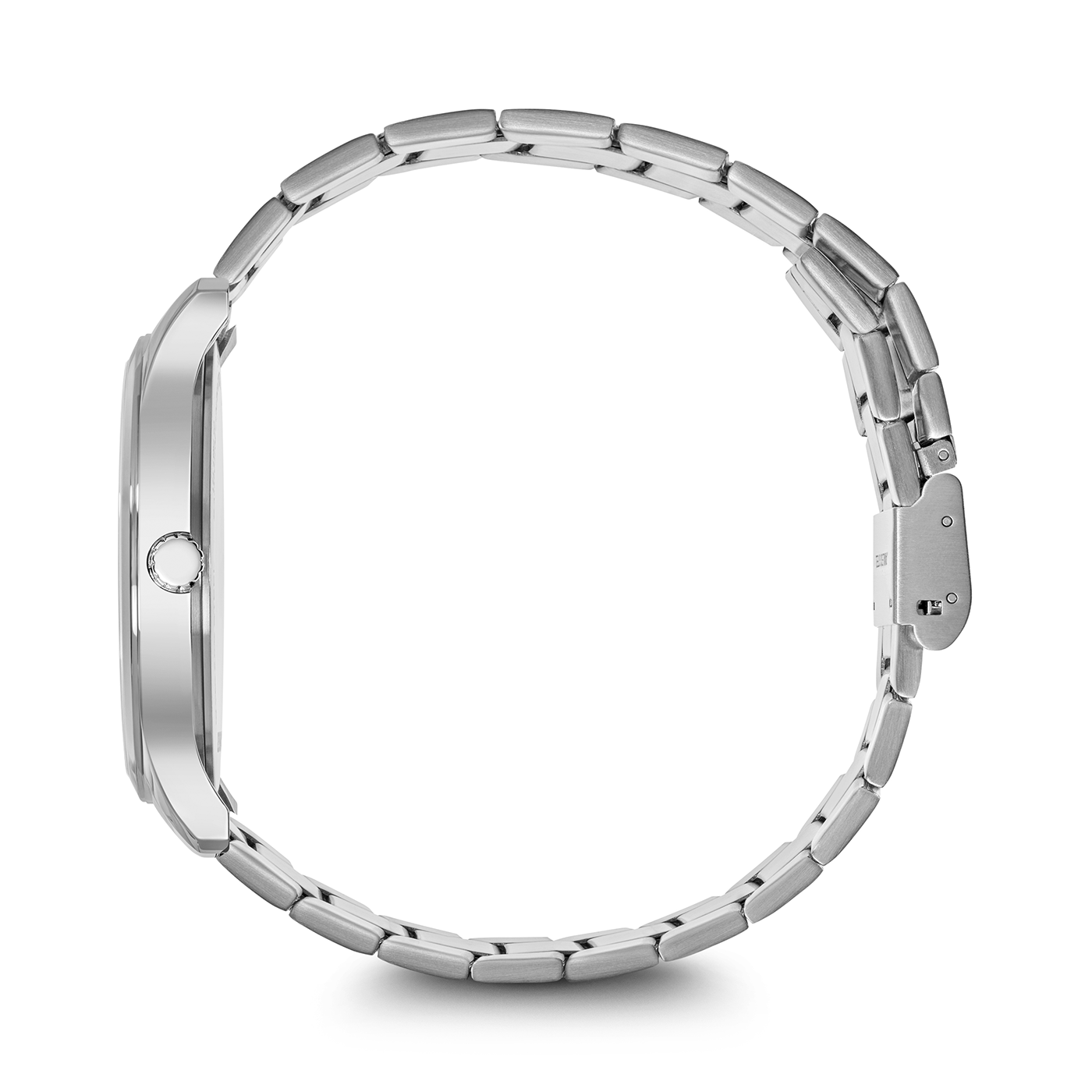 Silver watch with metal band, side view, black background, close-up detail