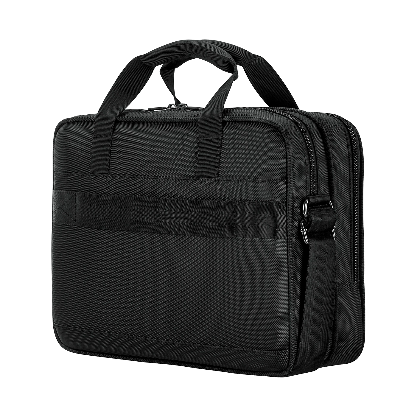 Black briefcase with handles and shoulder strap, isolated on white background