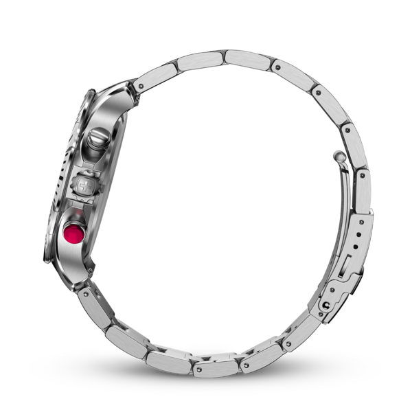 Side view of a silver watch with a red button and bracelet