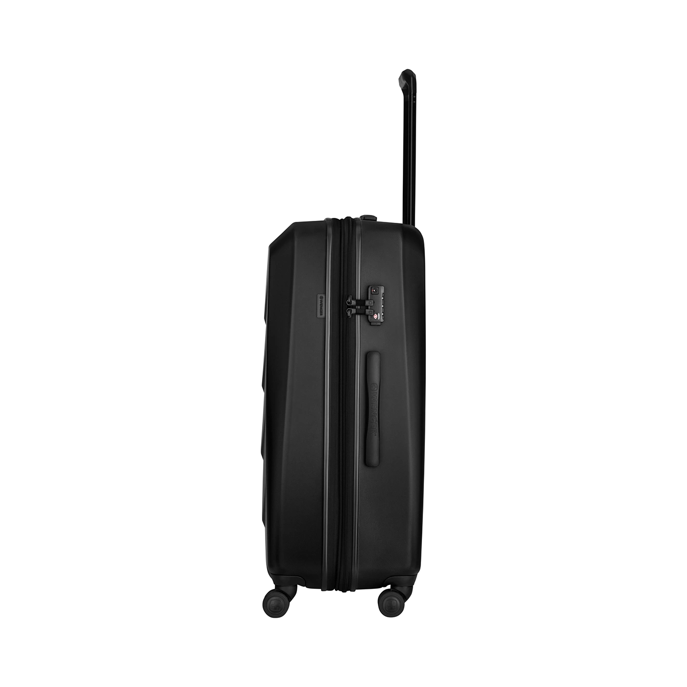 Black suitcase with pull-out handle and wheels, side view, isolated on black background