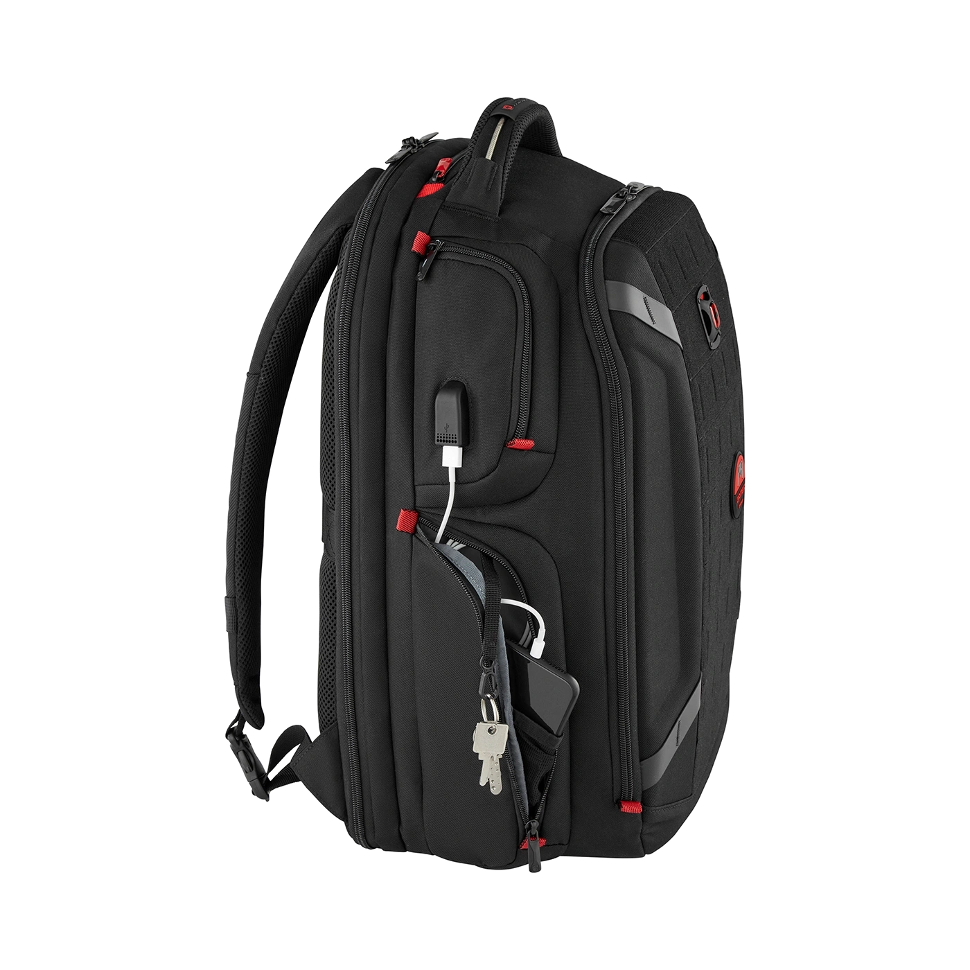 Black backpack with red accents, USB port, and a pocket holding a smartphone and keys.