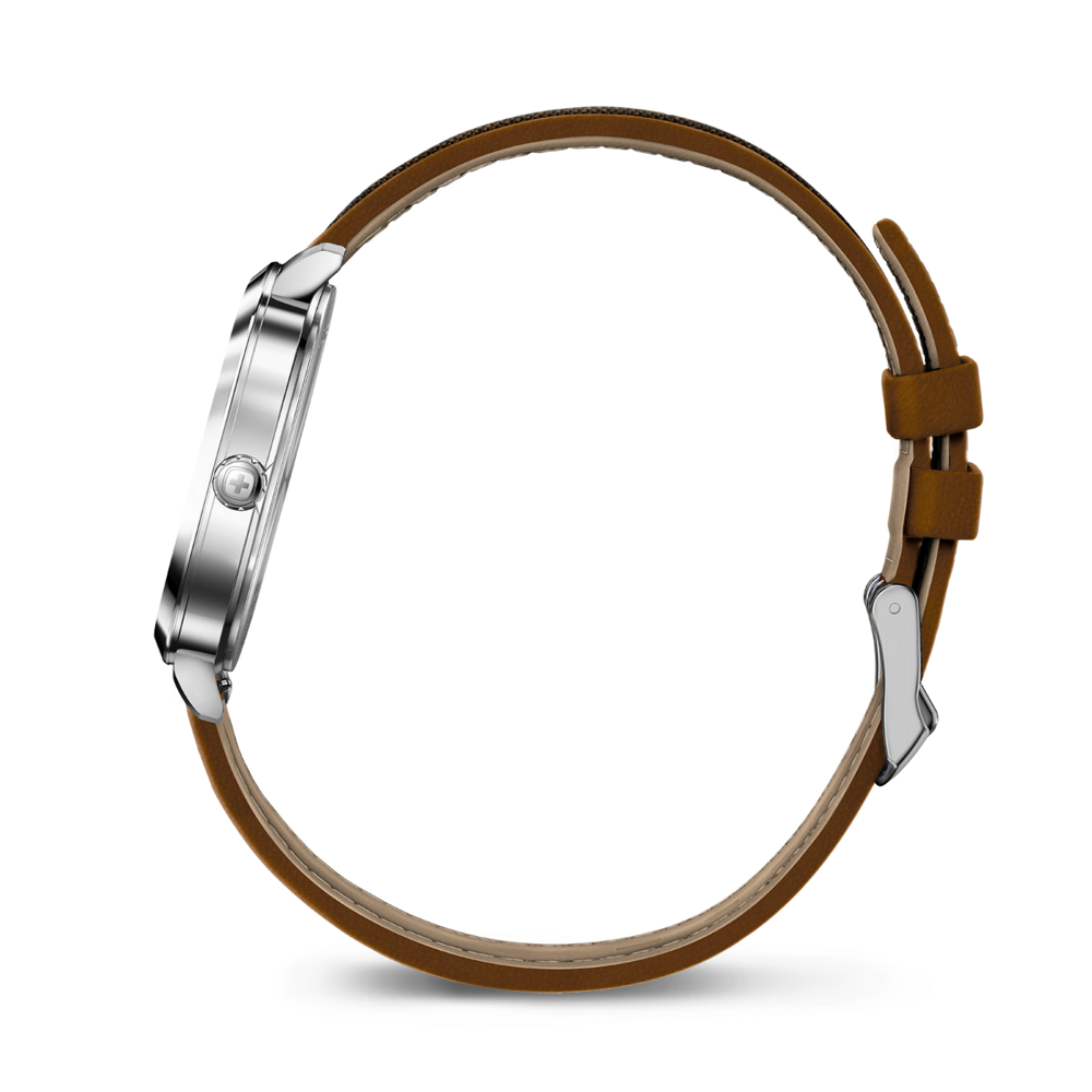 Side view of a watch with a brown leather strap and a silver case