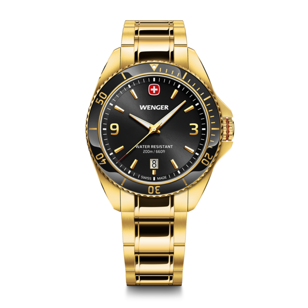Gold Wenger watch with black dial, date display, and Swiss made