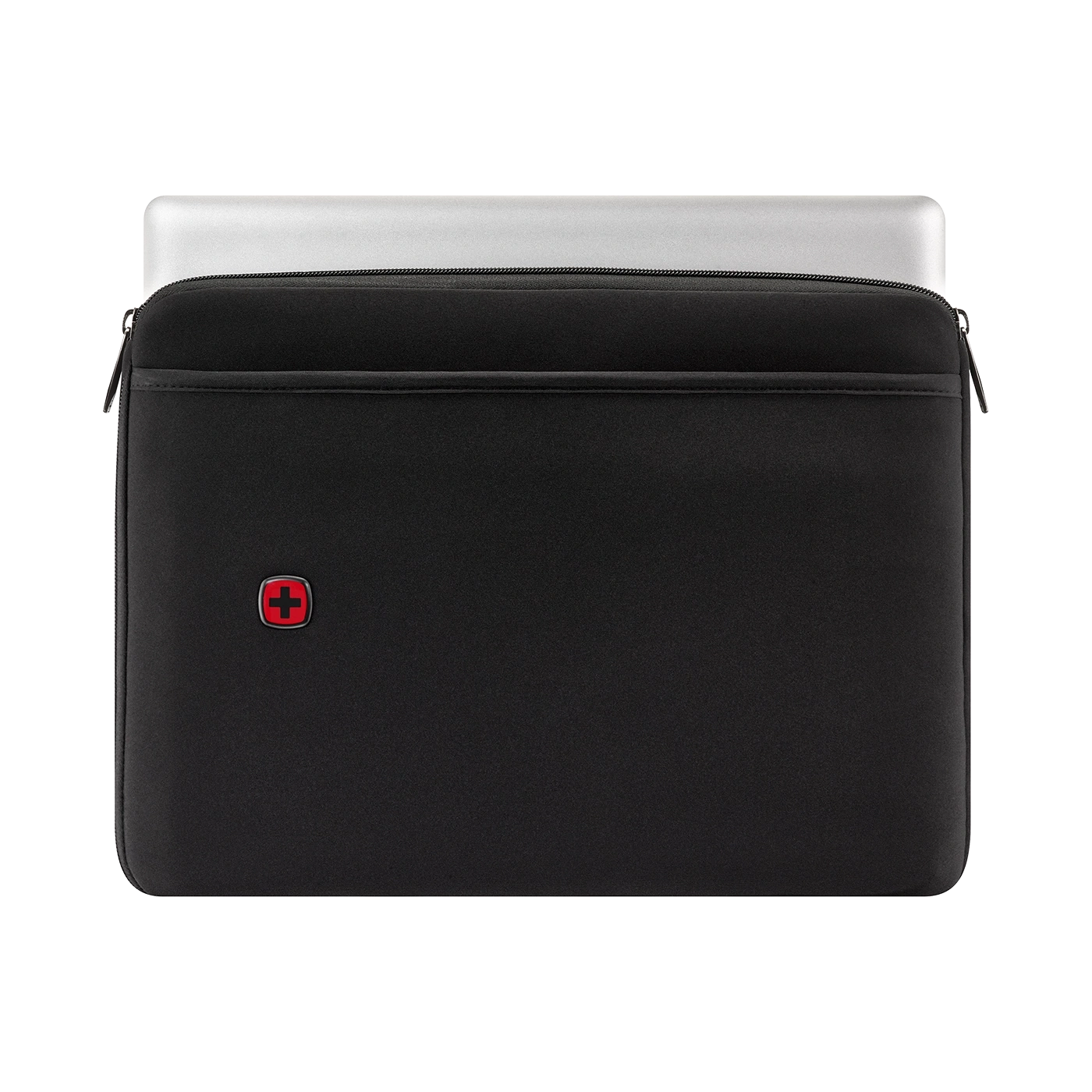 Schwarze Laptoptasche mit rotem Logo und Reißverschluss, Laptop im Inneren.