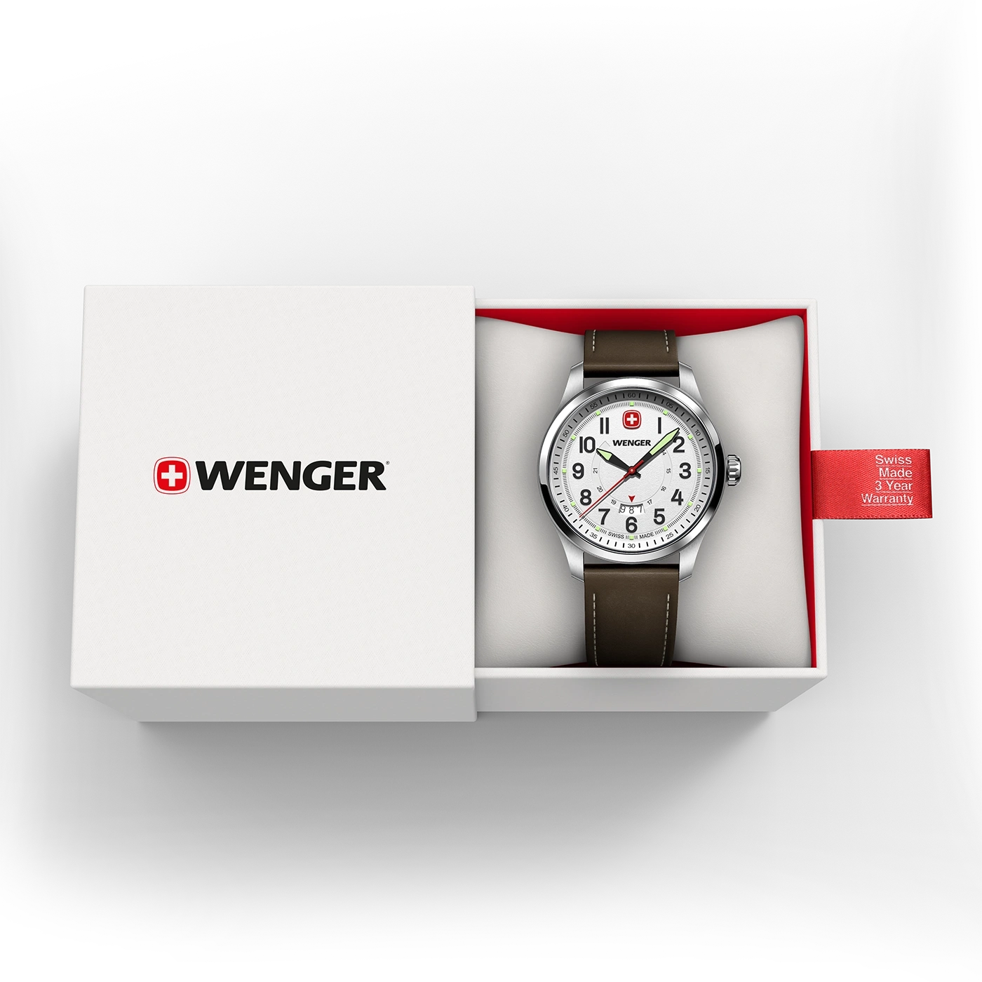 Wenger Uhr in der Box, Swiss Made, 3 Jahre Garantie, braunes Lederarmband
