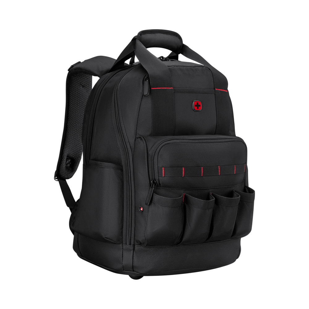 A black backpack with red accents and pockets.